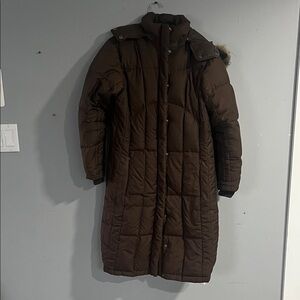 Woman’s Columbia Long Brown Quilted Puffer Coat with Hood